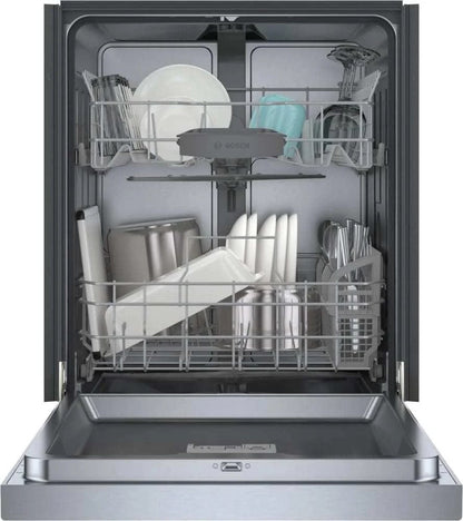 Bosch 300 Series 24-inch stainless steel dishwasher with recessed handle and quiet operation in a modern kitchen setting.