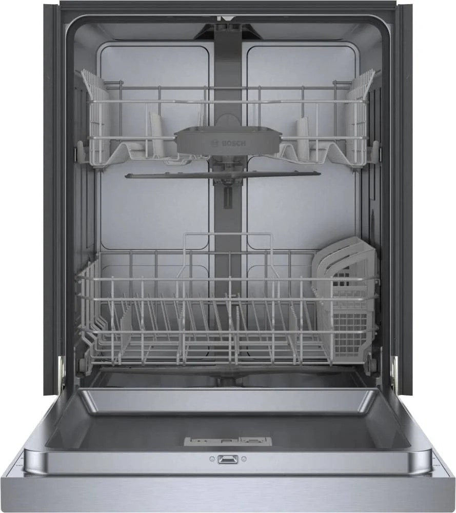 Bosch 300 Series 24-inch stainless steel dishwasher with recessed handle, quiet 48 dB operation, model SHE41CM5N.