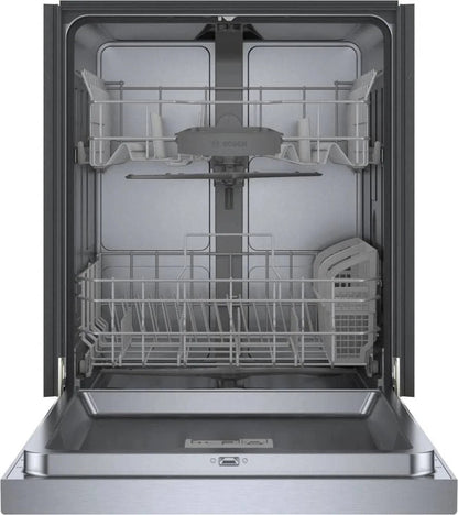 Bosch 300 Series 24-inch stainless steel dishwasher with recessed handle, quiet 48 dB operation, model SHE41CM5N.
