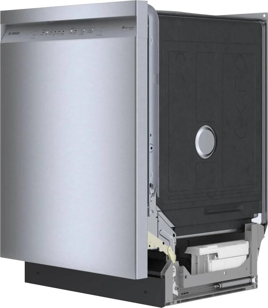 Bosch 300 Series 24-inch stainless steel dishwasher with recessed handle and 48 dB noise level, showcasing the sleek appliance design.