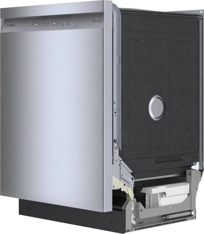 Bosch 300 Series 24-inch stainless steel dishwasher with recessed handle and 48 dB noise level, showcasing the sleek appliance design.