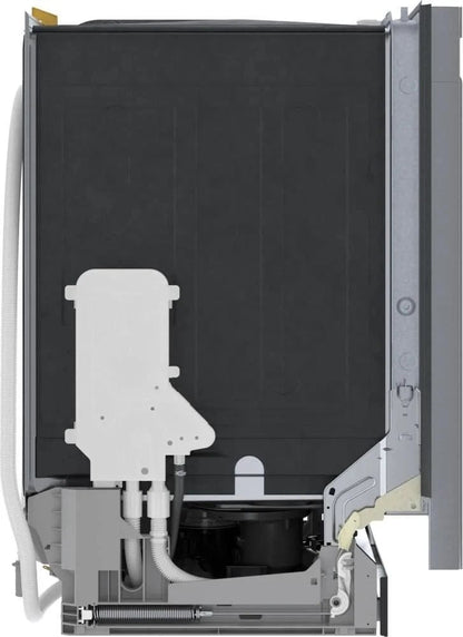 Bosch 300 Series 24-inch stainless steel dishwasher with recessed handle and quiet 48 dB noise level, front view.