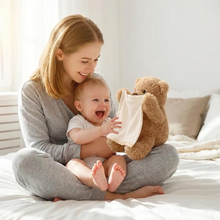 Mivoza BuddyBear Peek-a-Boo Teddy Bear plush toy with laughing sound, soft fabric, and interactive features for kids.