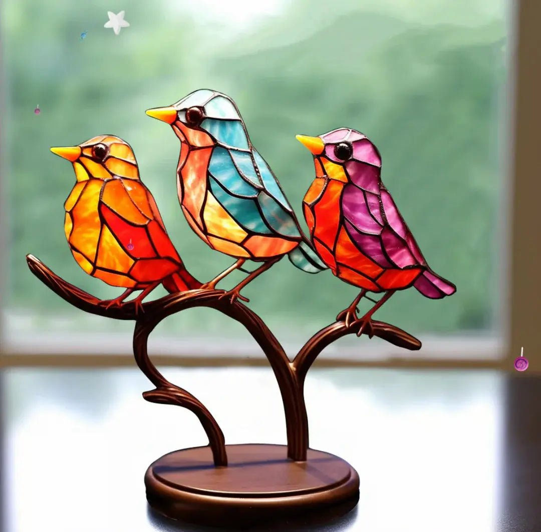 Colorful stained glass window bird decoration suncatcher with vibrant glass pieces, designed for decorative ornamentation.