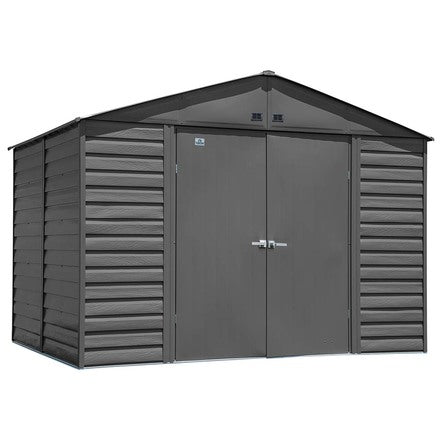 Casavibeo Arrow Select 10x8 charcoal metal storage shed with double doors and sturdy frame, ideal for outdoor organization.