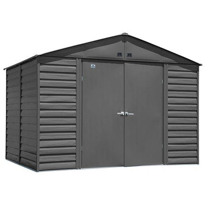 Casavibeo Arrow Select 10x8 charcoal metal storage shed with double doors and sturdy frame, ideal for outdoor organization.