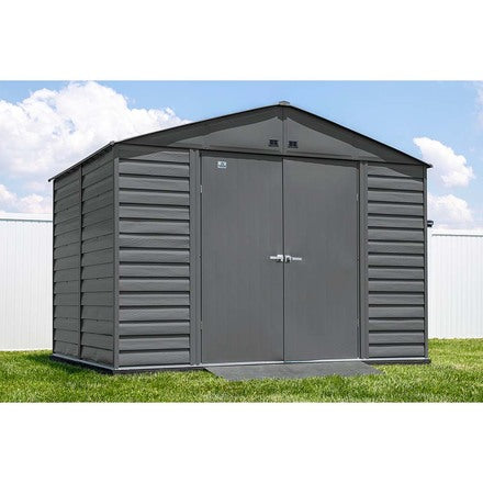 Casavibeo Arrow Select 10x8 charcoal metal storage shed with double doors and ventilation panels, ideal for outdoor storage.