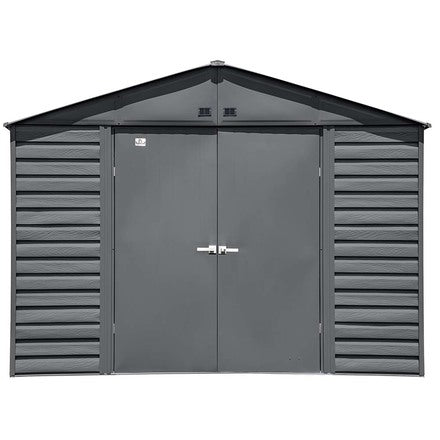 Arrow Select 10x8 ft charcoal metal storage shed by Casavibeo, showing the sturdy outdoor shed with double doors and window vents.