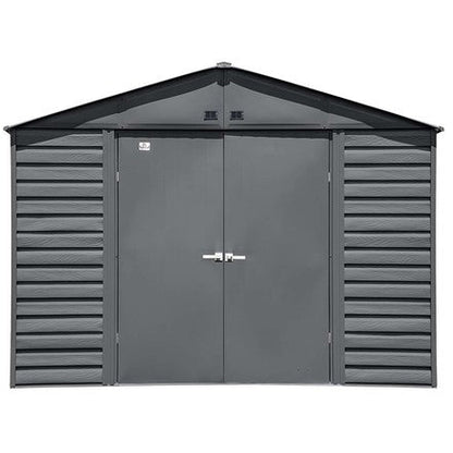 Arrow Select 10x8 ft charcoal metal storage shed by Casavibeo, showing the sturdy outdoor shed with double doors and window vents.