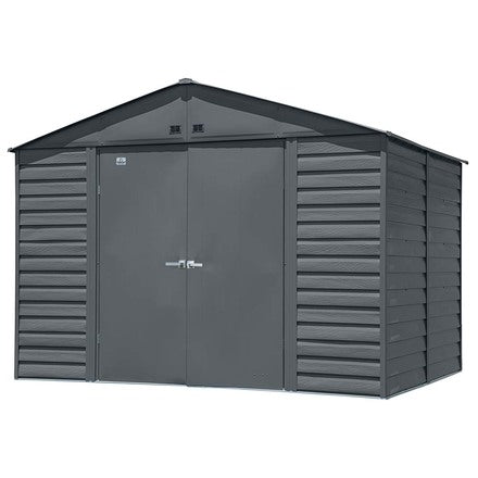 Casavibeo Arrow Select 10x8 charcoal metal storage shed with double doors and venting, suitable for outdoor organization.