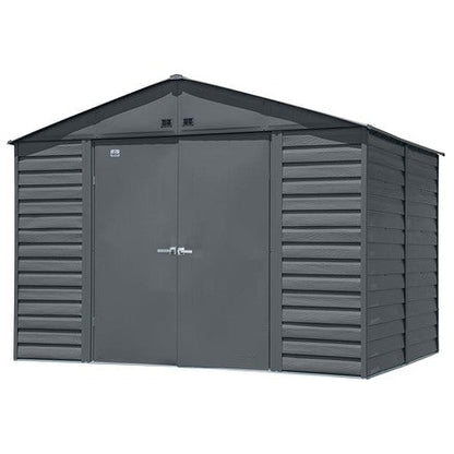 Casavibeo Arrow Select 10x8 charcoal metal storage shed with double doors and venting, suitable for outdoor organization.