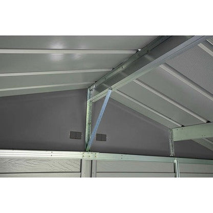 Casavibeo Arrow Select 10x8 ft charcoal metal storage shed with double doors and venting, ideal for outdoor organization.