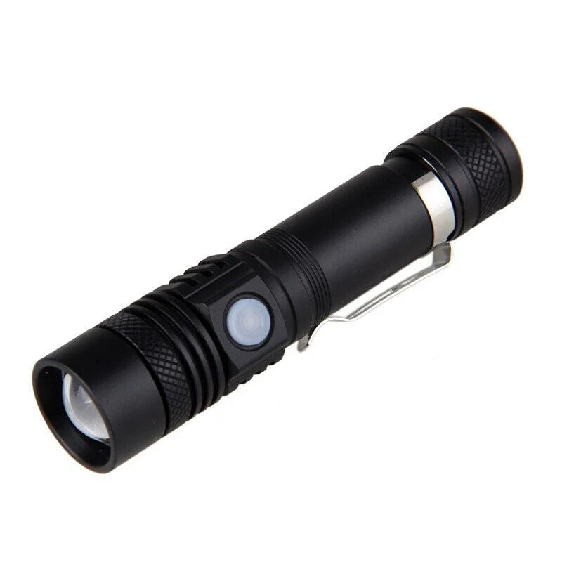 Belro Super Blight 90000LM flashlight in black with adjustable zoom and textured grip for outdoor illumination.