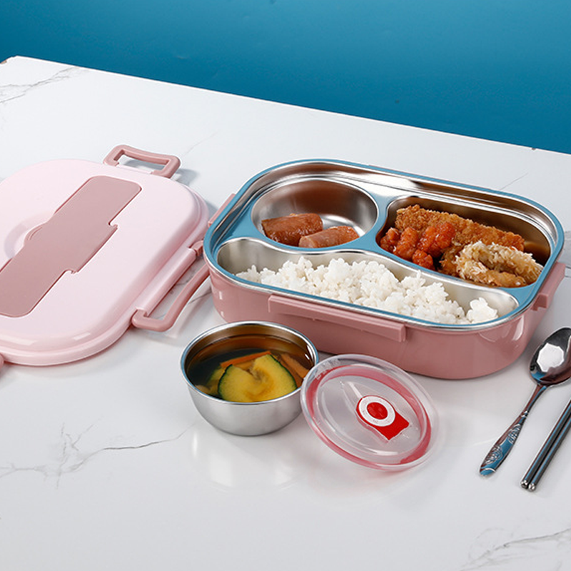 Stainless steel thermal lunch box by Belro inside a lunch bag, designed to keep food warm or cold for portable meals.