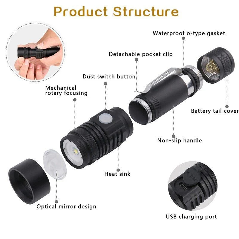 Belro Super Blight 90000LM flashlight with black handle and large LED bulb, designed for high-powered lighting and outdoor use.