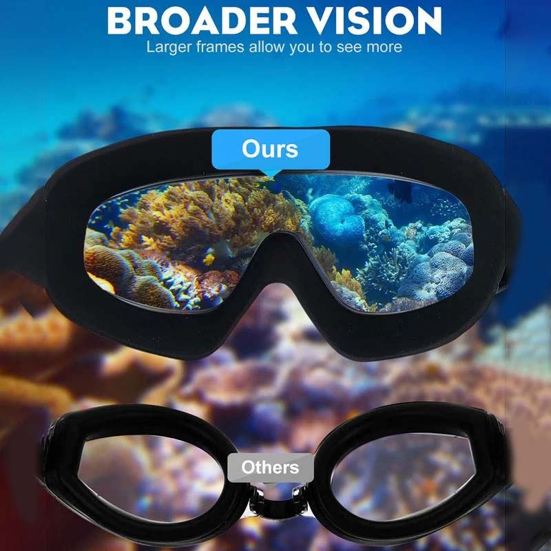 Belro wide-angle swimming goggles with anti-fog lens, designed for outdoor swimming and clear vision underwater.