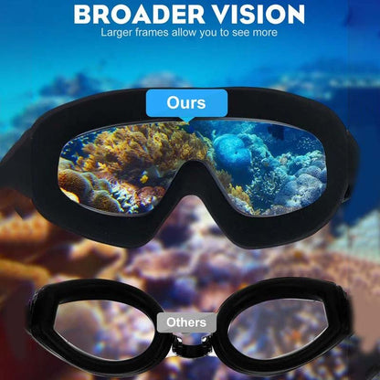 Belro wide-angle swimming goggles with anti-fog lens, designed for outdoor swimming and clear vision underwater.