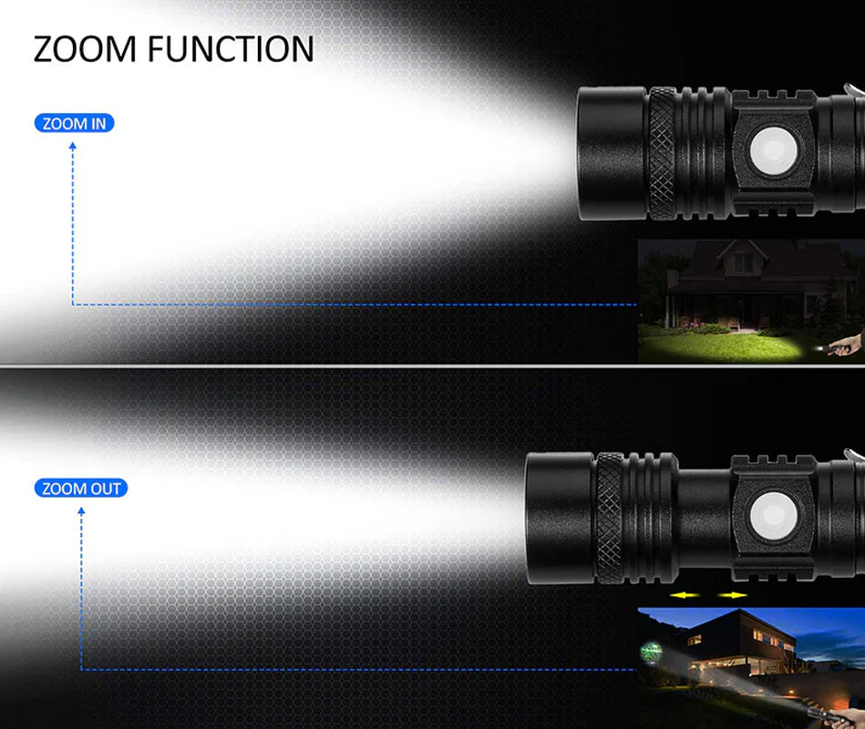 Belro Super Blight 90000LM flashlight with a durable black body and adjustable focus, designed for high-intensity illumination.