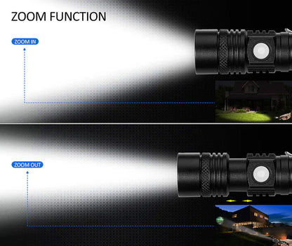 Belro Super Blight 90000LM flashlight with a durable black body and adjustable focus, designed for high-intensity illumination.