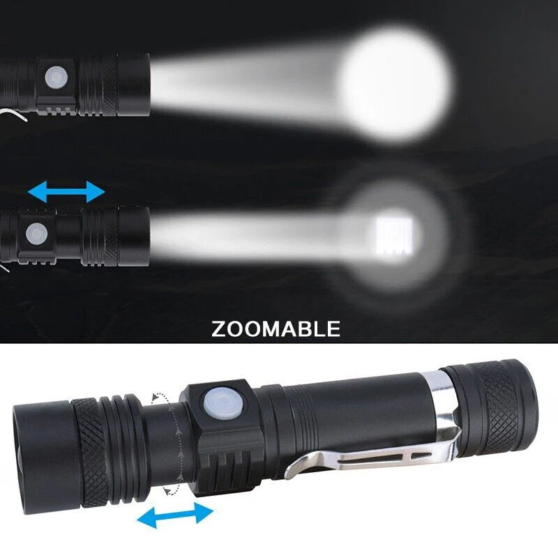 Belro Super Blight 90000LM flashlight with a sturdy black body and adjustable focus, designed for high-intensity lighting.
