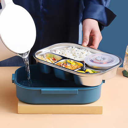 Stainless steel thermal lunch box by Belro inside a lunch bag, designed to keep food warm or cold.