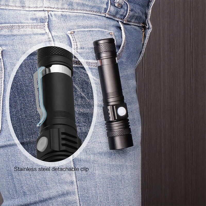 Belro Super Blight 90000LM flashlight with high-intensity LED beam, durable black body, and adjustable focus for electronic lighting tools.