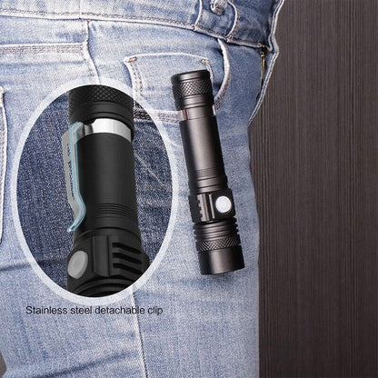 Belro Super Blight 90000LM flashlight with high-intensity LED beam, durable black body, and adjustable focus for electronic lighting tools.
