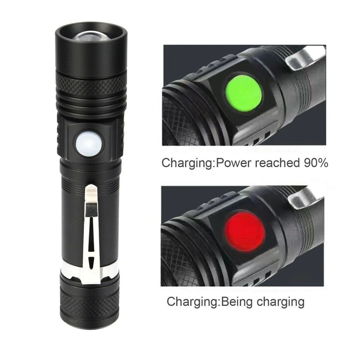 Belro Super Blight 90000LM flashlight with high-powered LED beam, black handheld design, and adjustable focus.