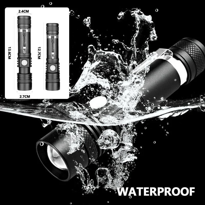 Belro Super Blight 90000LM flashlight with a black handle and bright LED bulb, designed for powerful illumination and outdoor use.