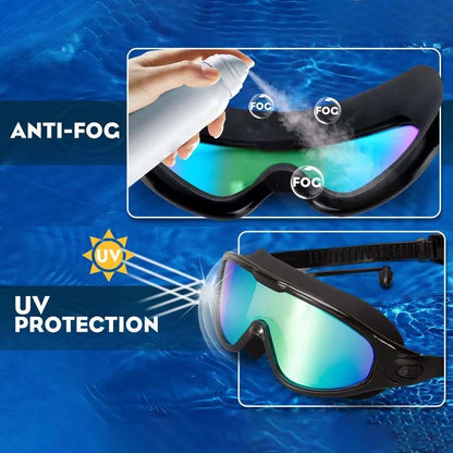 Belro wide-angle swimming goggles with anti-fog coating, clear lenses, and adjustable straps for comfortable outdoor swimming.