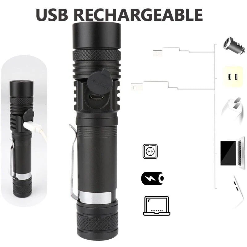 Belro Super Blight 90000LM flashlight with a sturdy handle and bright LED beam, ideal for outdoor and emergency lighting.