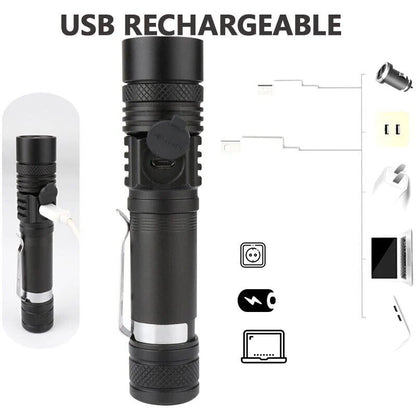 Belro Super Blight 90000LM flashlight with a sturdy handle and bright LED beam, ideal for outdoor and emergency lighting.