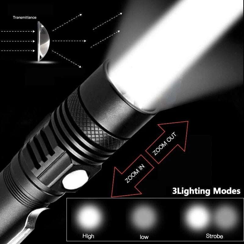 Belro Super Blight 90000LM flashlight with a durable black body, high-intensity LED beam, and ergonomic design for outdoor use.