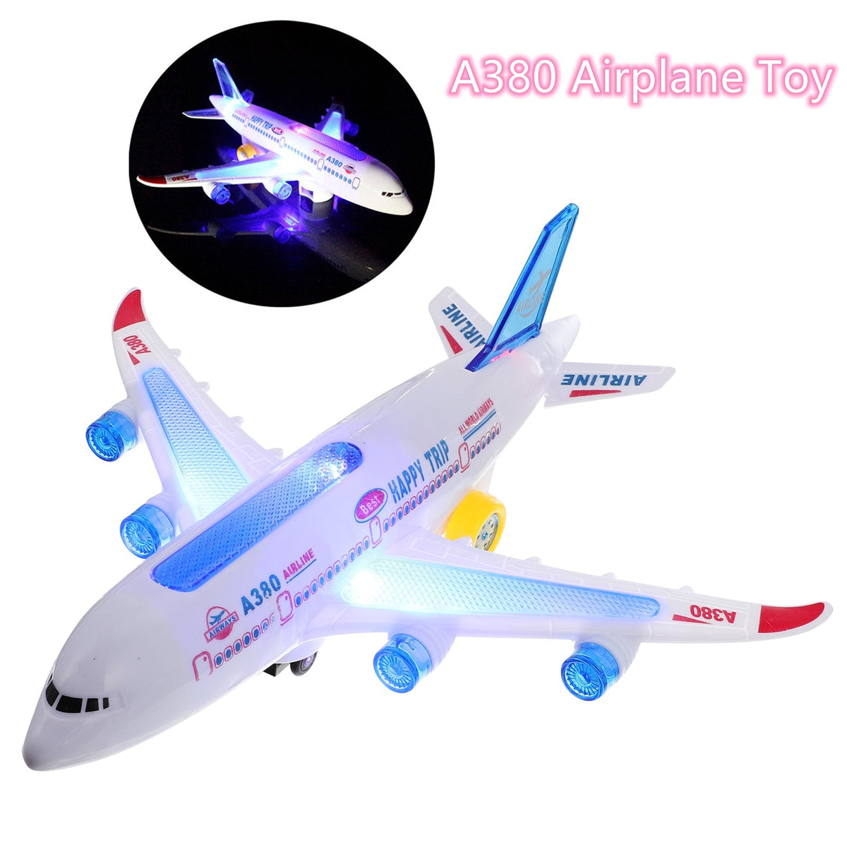 Belro electric airplane toy with music and light effects, automotive-style design, showing colorful lights and detailed airplane features.