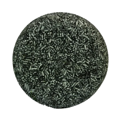 Natural solid shampoo for gray hair by Belro, showing a bar of shampoo with a textured surface and gray hair strands nearby.