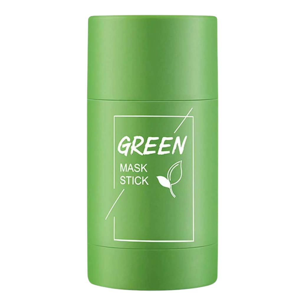 Belro green tea face mask for cleansing and anti-blackhead treatment, with a smooth, green-colored mask spread on a user's face.