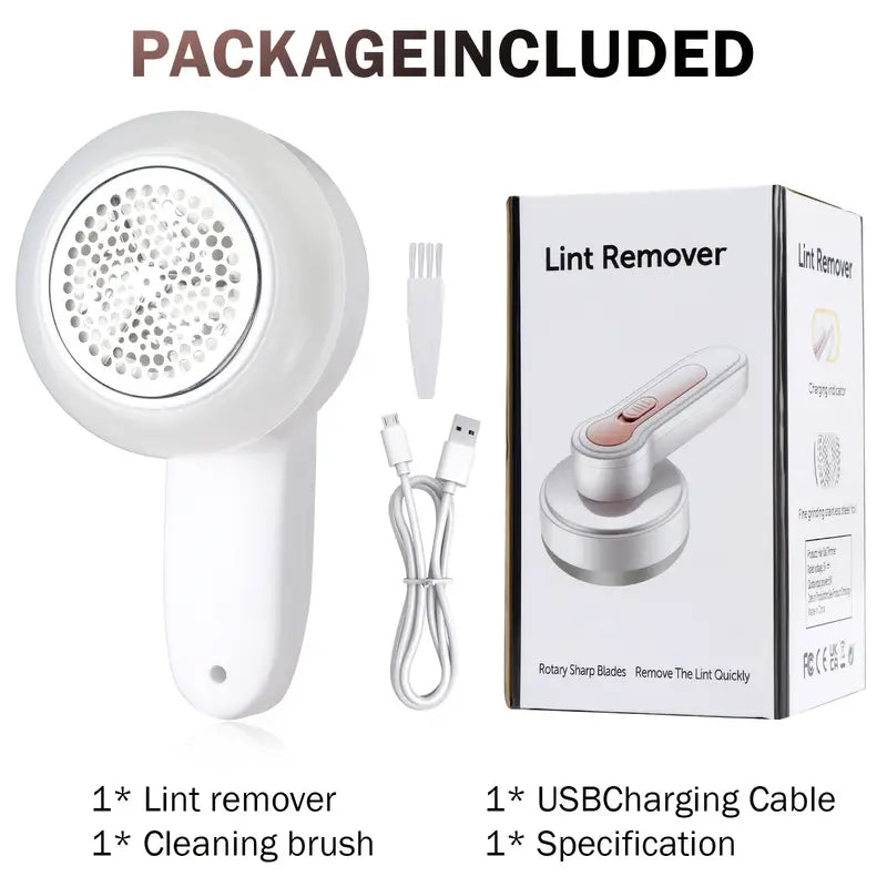 Belro rechargeable electric lint remover for clothing, furniture, and carpets, handheld device with spinning blades in a home and garden setting.