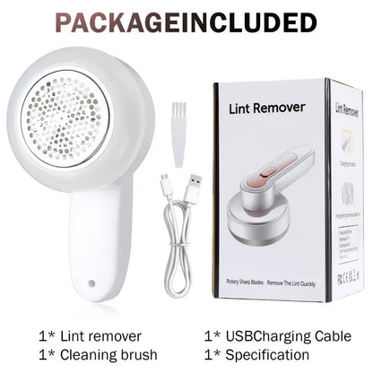 Belro rechargeable electric lint remover for clothing, furniture, and carpets, handheld device with spinning blades in a home and garden setting.