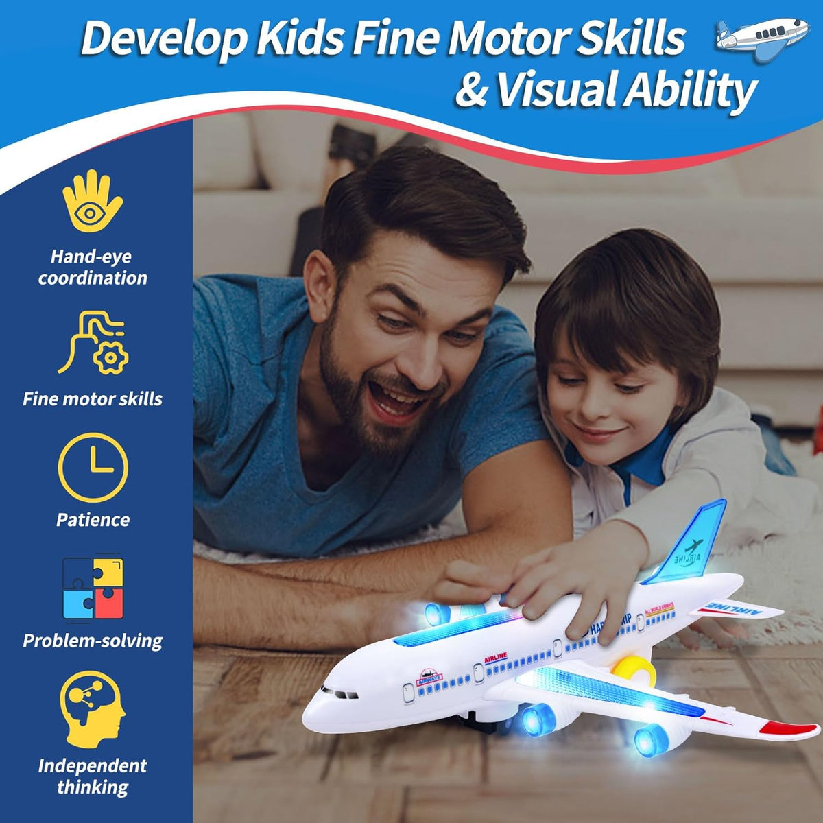 Belro electric airplane toy with music and light effects, showcasing a colorful automotive-themed play airplane for children.
