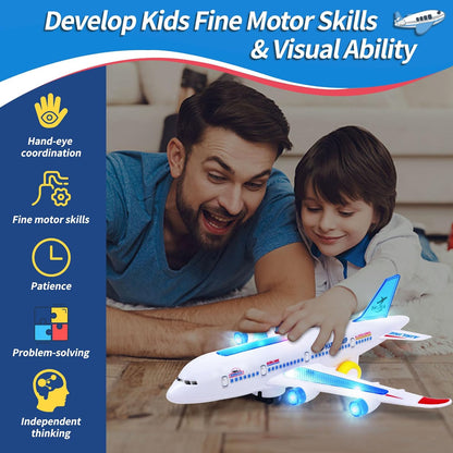 Belro electric airplane toy with music and light effects, showcasing a colorful automotive-themed play airplane for children.