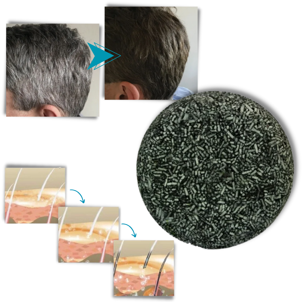 Belro natural solid shampoo for gray hair, shown in a bar form with packaging, designed for enhancing and caring for gray hair.
