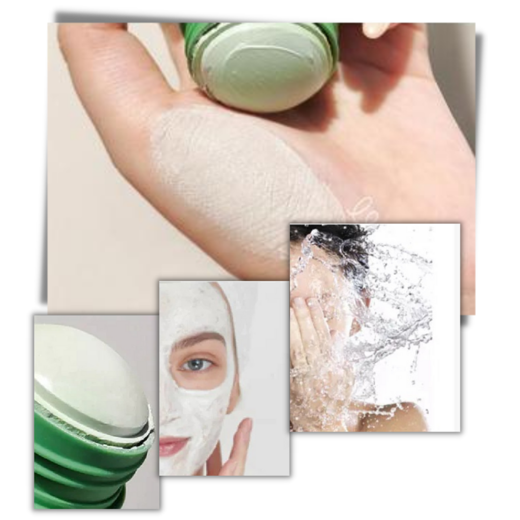 Belro green tea face mask for cleansing and anti-blackhead treatment, showing the mask's green color and smooth texture.
