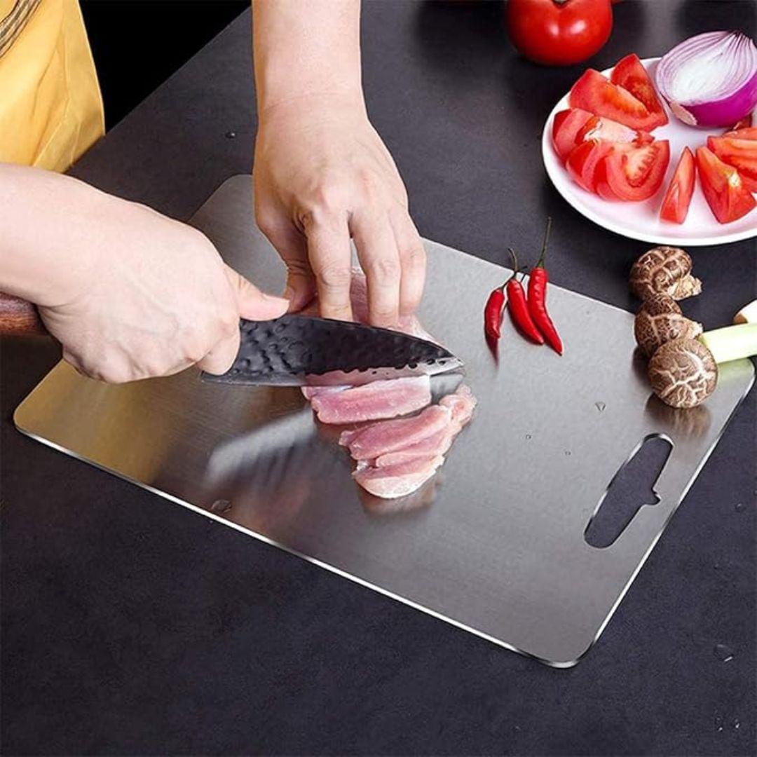 Belro titanium cutting board with smooth surface and beveled edges, ideal for kitchen and dining use.