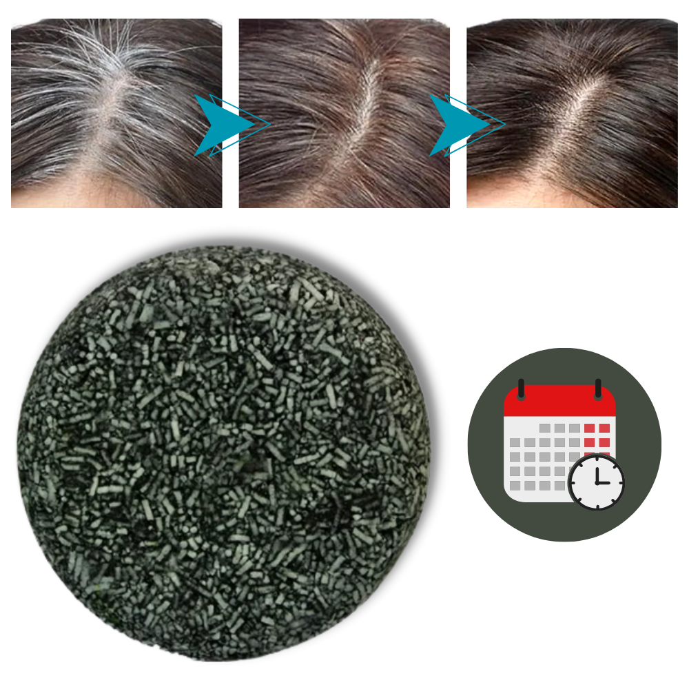 Belro natural solid shampoo for gray hair, showing a bar of shampoo with gray hair and natural ingredients in a beauty hair care setting.