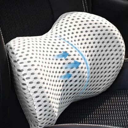 Belro orthopaedic lumbar support cushion showing ergonomic shape and fabric cover for back support and pain relief.