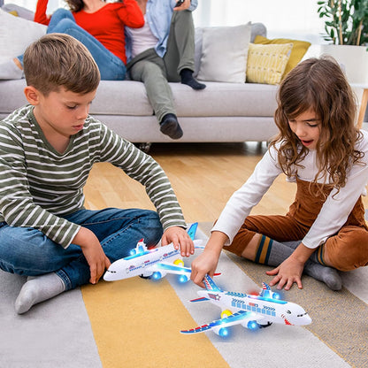 Belro electric airplane toy with music and light effects, featuring colorful lights and detailed airplane design for kids' play.
