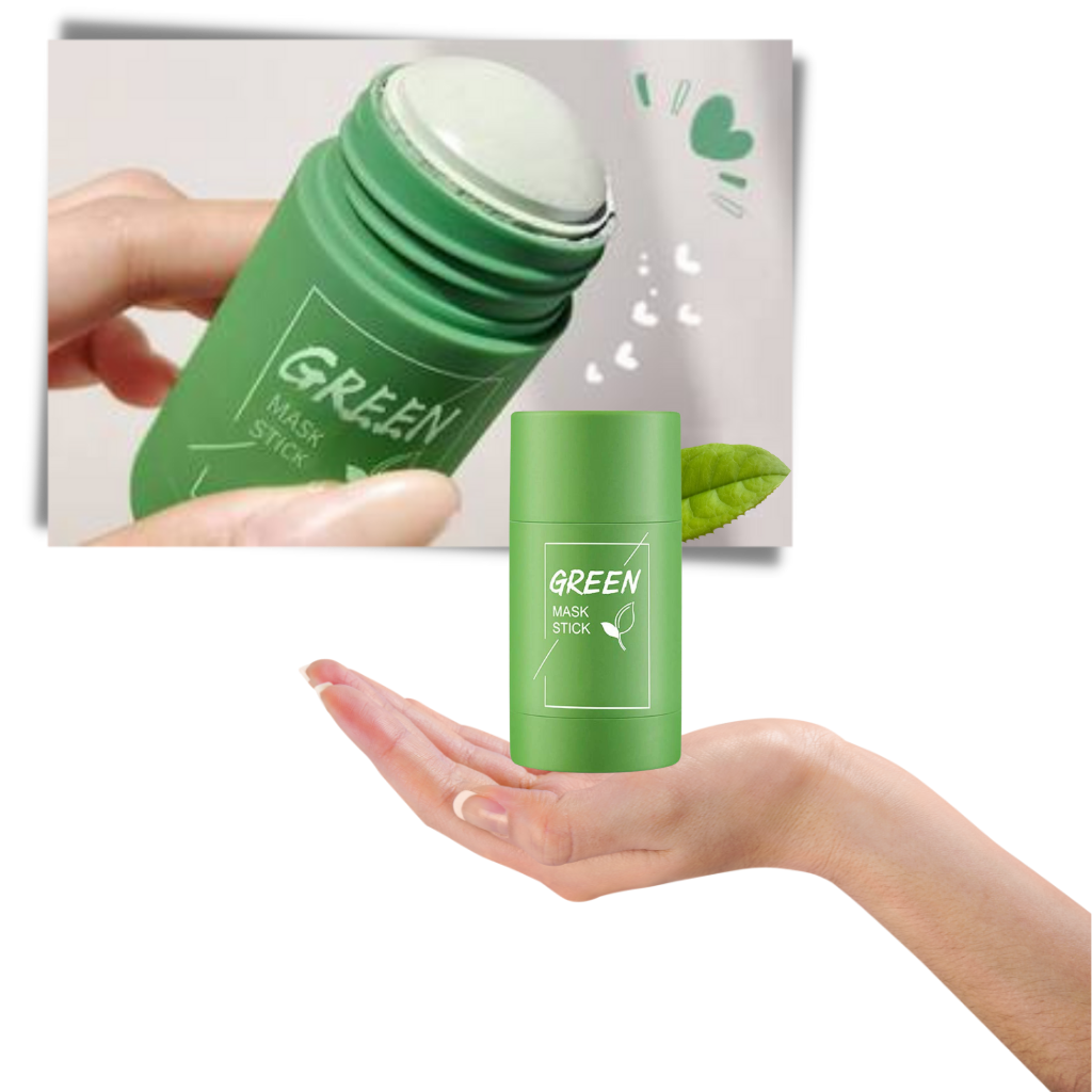 Belro green tea face mask for cleansing and anti-blackhead treatment, shown in a jar with green tea leaves and mask spread.