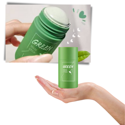 Belro green tea face mask for cleansing and anti-blackhead treatment, shown in a jar with green tea leaves and mask spread.