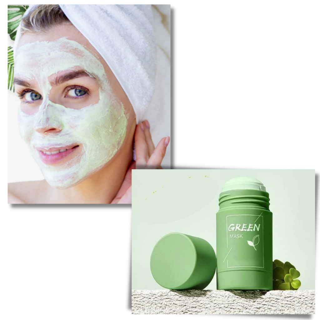 Belro green tea face mask for cleansing and anti-blackhead treatment, with a smooth, natural green color and skincare texture.
