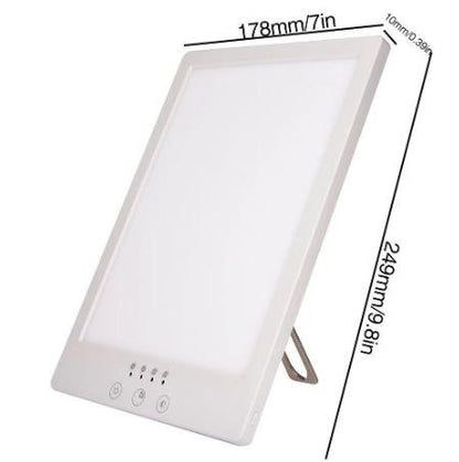 Belro Light Therapy Sunlight Lamp for health and beauty, showing a sleek white device with a bright light panel on a wooden surface.